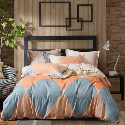 Papa&Mima Orange Grey Plaids Brushed Sanding Cotton Bedding Set Printed Thick Linens Fitted Sheet Pillowcase Duvet Cover