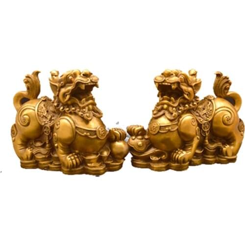Feng Shui Chinese Copper Dragon Chilin Dragon Unicorn Kylin Pi Xiu Kirin Statue Couple Home Decoration