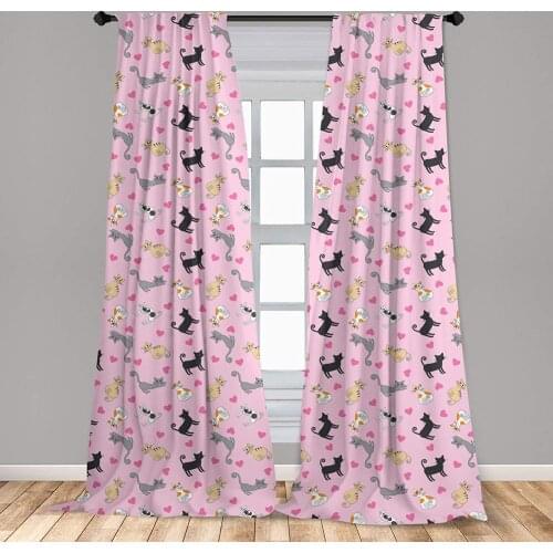Kitty Window Curtains Cats in Different Colors ands Among Pink Hearts Resting Happy Stretching Window Drapes with Rod Pocket
