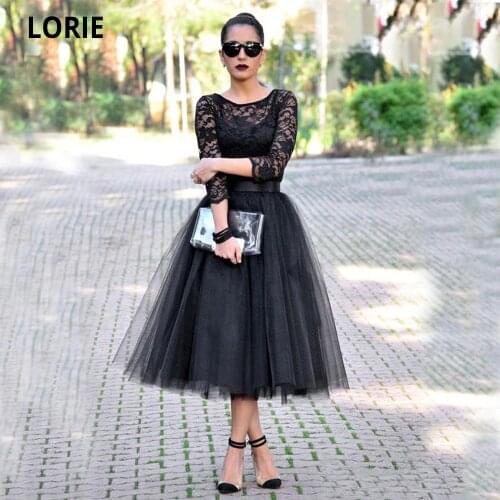 LORIE Vintage Short Evening Dresses Black Lace iIllusion Long Sleeves Tea Length Soft Tulle Formal Prom Gowns with Sashes Plus