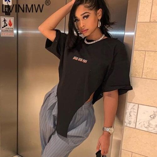 LVINMW O Neck Half Sleeve Letter Printed Irregular Loose T Shirts Designed Casual Fashion Black Cropped Tops Women Tees Street