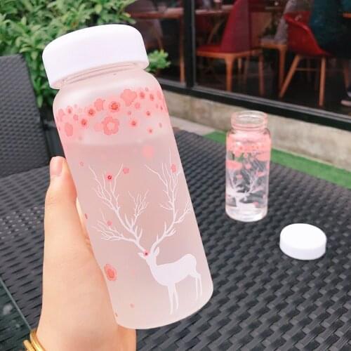 New Creative Cherry Blossoms Frosted Glass Water Bottle Kawaii Reindeer Bottle For Girl Cute Pink Portable Sport Drink Bottles