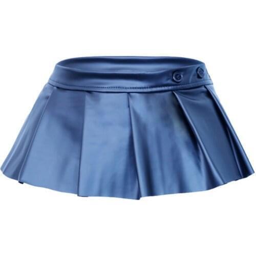 Fashion Women PU Leather Pleated Miniskirt Schoolgirl Outfits Sexy Lingerie Party Role Play Costume Solid Color Button Skirt