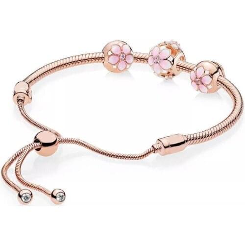 2020 New 925 Sterling Silver Rose Gold Openwork Magnolia Bloom With Crystal Beads Bracelet