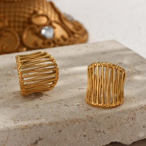 2021 New Exaggerated Open Size Large Hollow Stripe Mesh Design Gold Rings For Female Golden Stainless Steel Index Ring