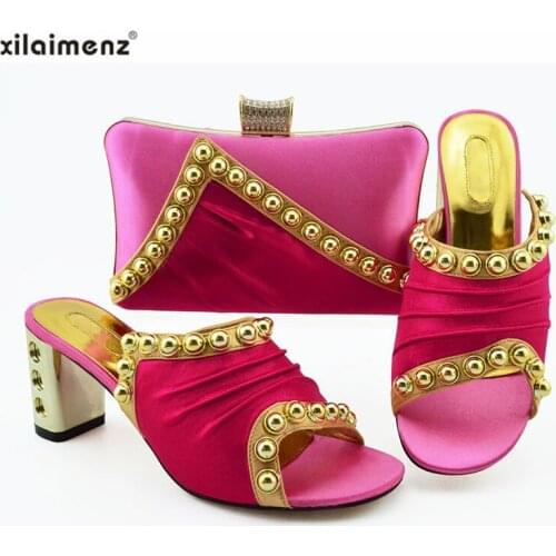 New Fuchsia Color Shoes and Bag Set Italian Sets 2019 Slippers and Purse To Match Mid Heels Pumps with Rivet for Wedding