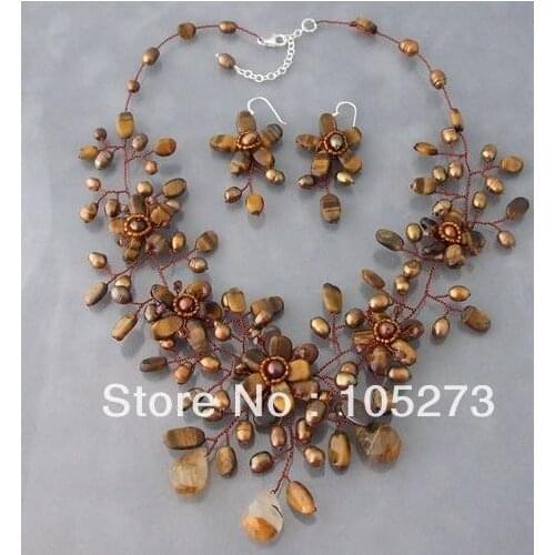 Stunning Brown Bronze Tigers Eye Natural Freshwater Pearl Necklace S925 Silvers Flower Earrings 18'' 4-16mm Jewelry Set