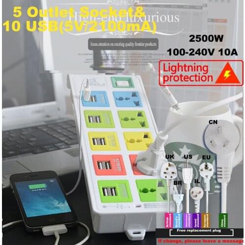 Portable Charger 5 Outlet Power Socket & 10 usb socket switch socket with EU UK US universal power strip
