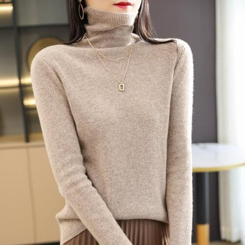 Autumn and winter new pure wool knitted pullover womens high neck long sleeves slim solid color plus size bottoming shirt