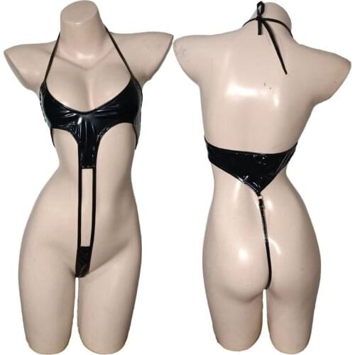 Sexy Women Patent Leather Micro Bikini Wet Look String Leotard Bodysuit Fetish Erotic Lingerie Outfit