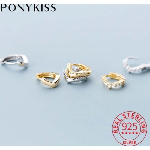 PONYKISS 100% 925 Sterling Silver Zircon Geometric Hoop Earrings Women Party Delicate Fashion Earrings Accessory Girl Chic Gift