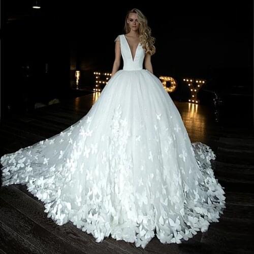 Deep V-neck Butterfly Hand Made Flowers Open Back Wedding Gowns Illusion Back Ball Gown Bridal Dress with Veil