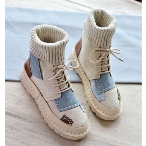 Womens bottomed flat boots, soft bottom comfortable woollen line Martin boots,handmade Institute womens boots