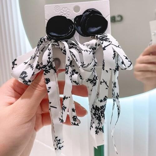 AMORCOME Vintage Personality Fabric Black White Floral Drop Earrings For Women Korean Bowknot Long Dangle Earrings Jewelry Gift