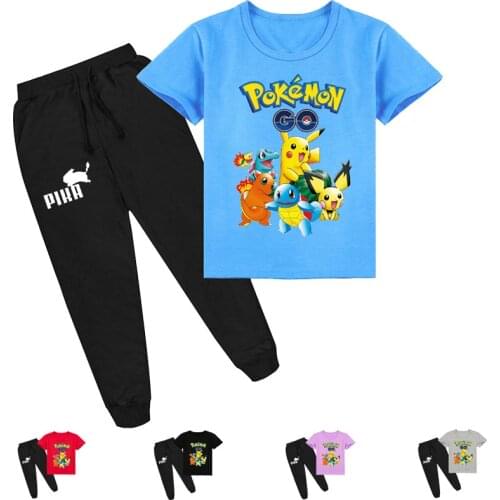 Pokemon Summer Childrens Clothing Suit Cartoon Printing Cute Pikachu Childrens Round Neck Short-sleeved T-shirt Trousers