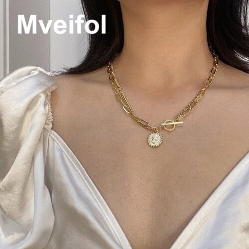 Mveifol Punk Multi Layered Portrait Coin Pendant Necklace For Women Chunky Thick Cuban Link Chain Choker Necklace Punk Jewelry