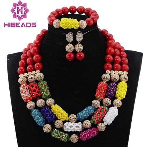 Red African Beads Jewelry Set Multicolor Crystal Beaded Chunky Statement Necklace Set Valentines Day Gift Free Shipping ABH309