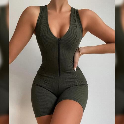Yoga Pants Women Jumpsuit Zipper Fitness Running Stretch Tight Sports Shorts High-Waist V-Neck Thread Workout Gym Suit Summer