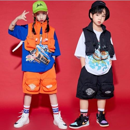 Hip Hop Dance Costumes For Kids Loose Vest Short Sleeved Hiphop Suit Stage Outfits Jazz Performance Street Dance Wear DN9495