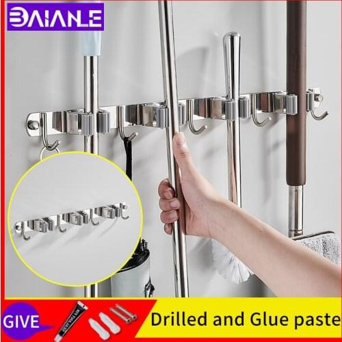 Toilet row hooks stainless steel wall mount broom and mop rack screw free installation bathroom shelves drawing room coat hook