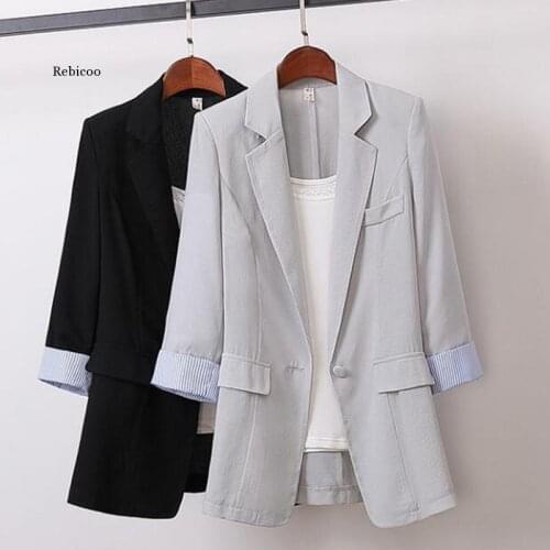 Spring Blazers Women Summer Korean Cotton Linen Slim Patchwork Striped Large Size Blazer Work Wear Single Button Coat