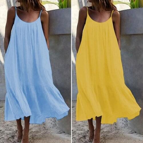 Summer Lady Long Dress Low Round Neck Loose Casual Women Sling Solid Color Dress for Beach Loose Hem Fashion Beach Dresses