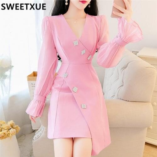 SWEETXUE Temperament New Fall 2021 V-neck Flared Sleeve Dress Womens Fashion Elegant Slim OL Ladies Dress Vestidos