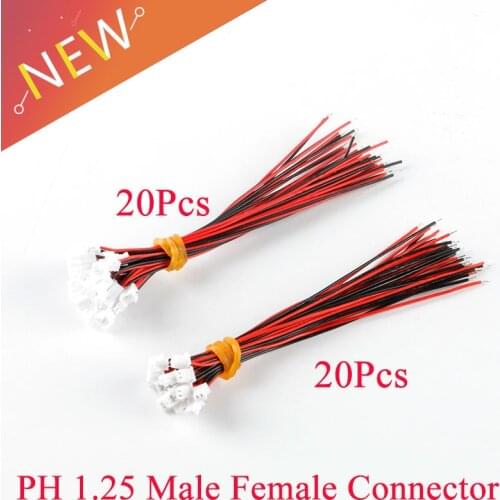 20Pair Micro JST PH 1.25 2 PIN Male Female Plug Connector With Wire Cables 100mm 28AWG