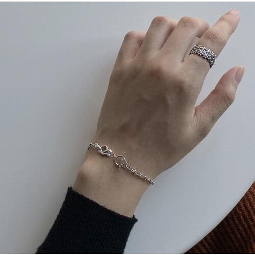 Retro Heavy Industry Authentic 925 Sterling silver Open love heart Knot Wrist Bracelet Toggle clasp fine jewelry TLS252