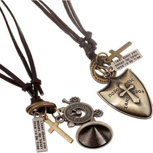 Men Long Necklace Vintage Rock Shield Cross Horn Pendant Genuine Leather Rope Chain Woman Choker Fashion Retro Punk Jewelry Gift