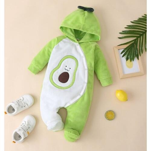 3-18Months Cartoon avocado print Infant Baby Boys Girls Cartoon Hoodie Romper Jumpsuit Clothes Green Elf Suit Footwear cute M5