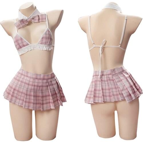 JK Student Ruffle Bikini School Girl Sailor Uniform Lolita Maid Cosplay Lingerie Set Cute Pink Pleated Plaid Skirts Miniskirt