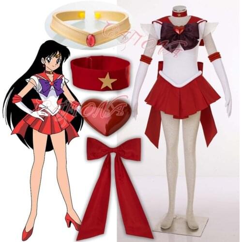 Cafiona Hot Sailor Moon Hino Rei Sailor Mars Super S Cosplay Costume Sexy Red Dress Set