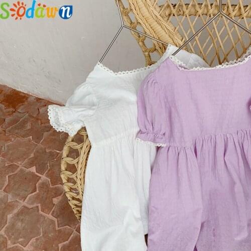 Sodawn Summer New Korean Style Toddlers Girls Cotton Princess Dress Lace Puff Sleeve Pure Color Robe Baby Children Dresses