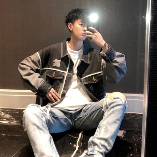 2021 spring and autumn denim jacket mens Korean fashion loose edge stitching jacket mens