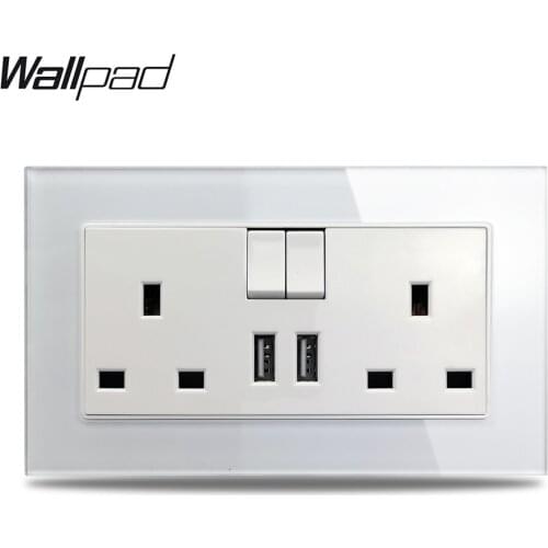 S7 White Black Double 13A UK BS Wall Power Socket with 2.1A Double USB Charging Ports, Tempered Glass Panel