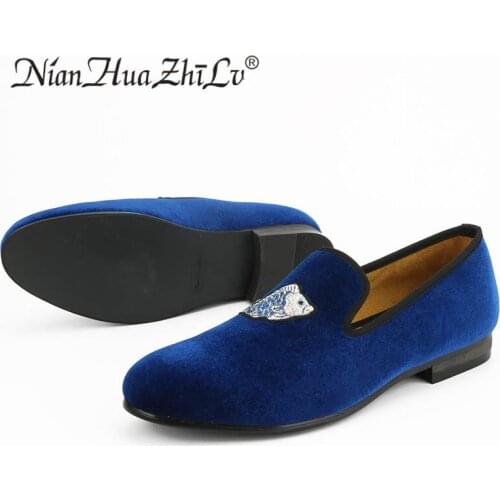 Men handmade blue velvet slippers loafers embroidered retro fashion leather shoes soft breathable party shoes