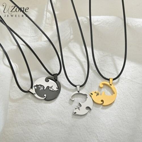 Uzone Romantic Stainless Steel Black Gold Cat Couple Necklaces Interlocking Necklace Animal Set Pendants Jewelry For Lovers Gift