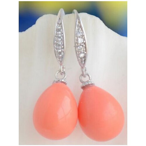 12*14MM PINK CORAL TEARDROP SOUTH SEA SHELL PEARL DANGLE EARRING Earrings gem/stone/coral/opal Marcasite
