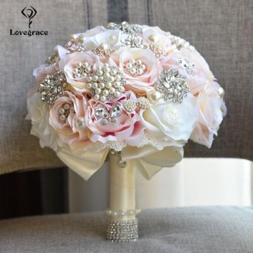 Champagne Roses Wedding Artificial Flowers Bridal Bouquets Pearl Rhinestone Bridesmaids Marriage Wedding Bouquet Home Decoration