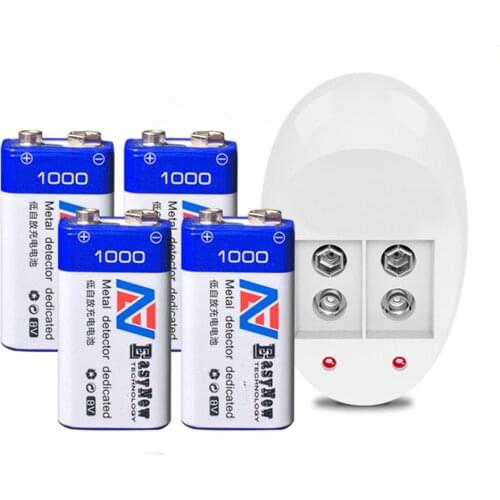 SHSEJA New 4PCS 9V rechargeable battery large capacity 1000mAh lithium ion rechargeable battery + 1PCS smart 9 V charger