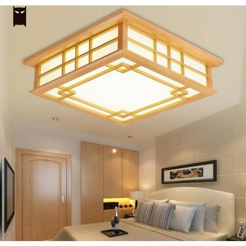 LED Wood Square Tatami Ceiling Light Fixture Chinese Japanese Grid Plafon Lamp Avize Luminaria for Kitchen Bed Dining Table Room