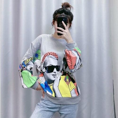 Hoodies Ladies Sweatshirts Gray Top Fashion Character Print Sweatshirt Women Loose O Neck Casual Pullover Female Long Sleeve