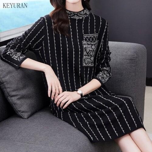 Knitted Sweater Dress Womens Autumn Winter Loose Striped Jacquard Design Half Turtleneck Pollover Long Sweaters Dress Plus SIze