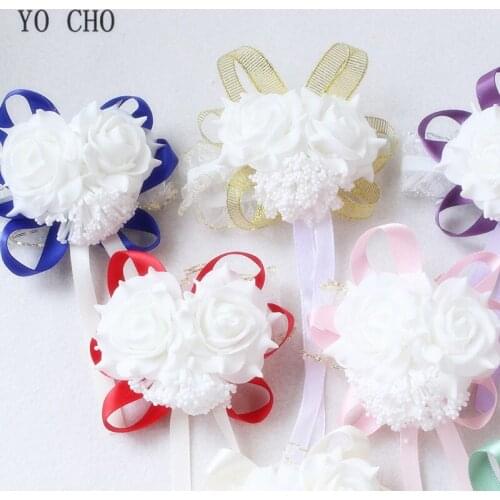 YO CHO Wrist Corsage Foam Roses White Wrist Flowers for Bridesmaid Bracelet Lace Band Bracelet Decor Flowers Wedding Accessories
