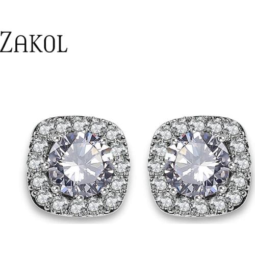 ZAKOL Hot Sale Clear Round AAA+ Cubic Zirconia Stud Earrings Fashion Square Crystal Earrings For Women Girl Gift Jewelry FSEP102