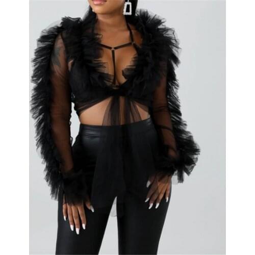 Women Sexy Shirts Long Sleeve Mesh Sheer Ruffle Sexy V-Neck Long Sleeves Solid Elegant Blouses Pullover Daily Basic Crop Tops