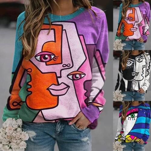 Women Sweatshirt 2020 Autumn Fashion Abstract Print O-Neck Long Sleeve Sweatshirts Casual Loose T-Shirts Pullover Tops Sudaderas