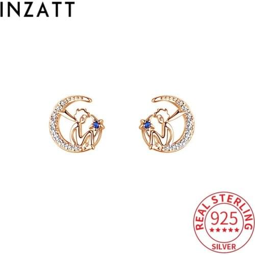 INZATT Real 925 Sterling Silver Zircon Moon Prince Blue Crystal Star Stud Earrings For Women Cute Fine Jewelry Accessories