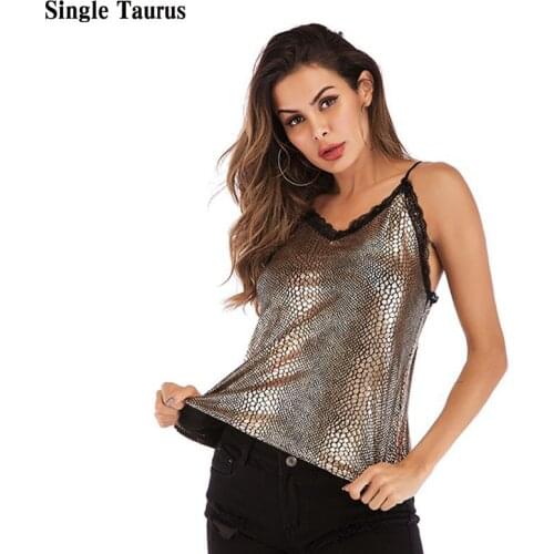 Female Lace Camis 2021 Summer Sleeveless V Neck Golden Snake Print Cute Tops Women Sexy Casual Home Fashion Lady Tank Top